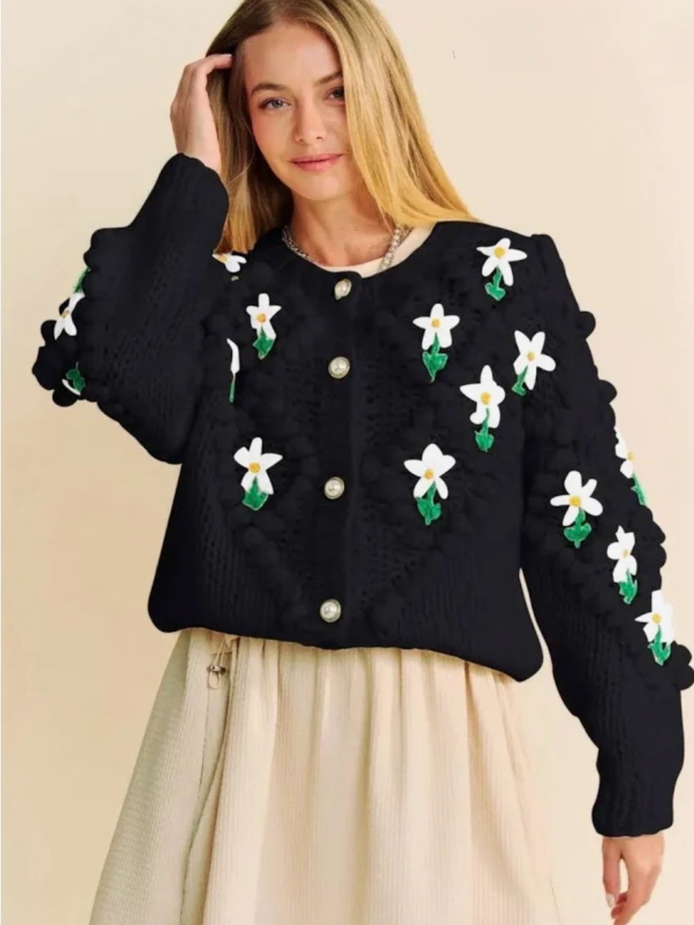 DAVI & DANI Black Chunky Knit Cardigan with White Floral Appliqués